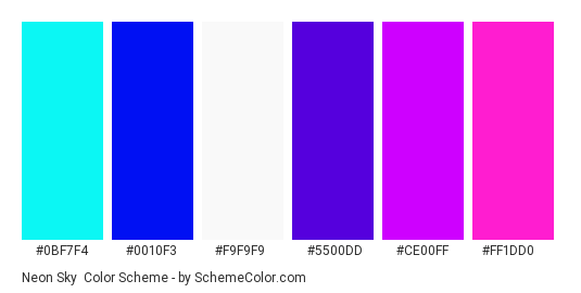 Neon Sky - Color scheme palette thumbnail - #0bf7f4 #0010f3 #f9f9f9 #5500dd #ce00ff #ff1dd0 