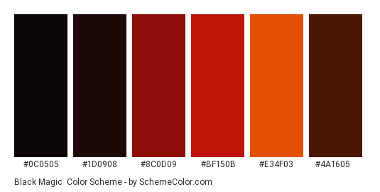 Black Magic - Color scheme palette thumbnail - #0c0505 #1d0908 #8c0d09 #bf150b #e34f03 #4a1605 