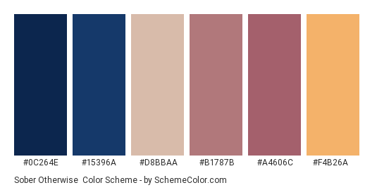 Sober Otherwise - Color scheme palette thumbnail - #0c264e #15396a #d8bbaa #b1787b #a4606c #f4b26a 