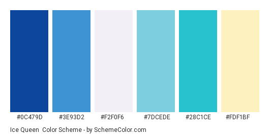 Ice Queen - Color scheme palette thumbnail - #0c479d #3e93d2 #f2f0f6 #7dcede #28c1ce #fdf1bf 