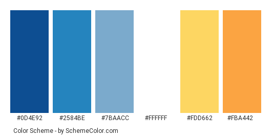 Lighthouse Signal - Color scheme palette thumbnail - #0d4e92 #2584be #7baacc #ffffff #fdd662 #fba442 