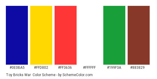 Toy Bricks War - Color scheme palette thumbnail - #0e0ba5 #ffd802 #ff3636 #ffffff #199f3a #883829 