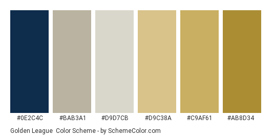 Golden League - Color scheme palette thumbnail - #0e2c4c #bab3a1 #d9d7cb #d9c38a #c9af61 #ab8d34 