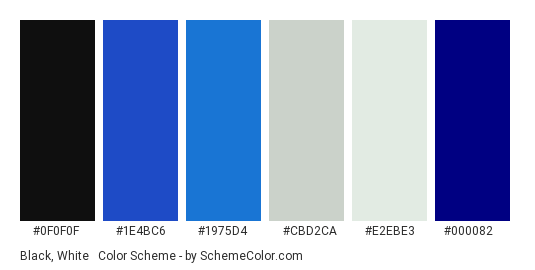 Black, White & Navy - Color scheme palette thumbnail - #0f0f0f #1e4bc6 #1975d4 #cbd2ca #e2ebe3 #000082 