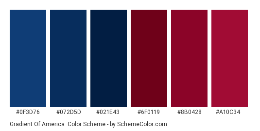 Gradient of America - Color scheme palette thumbnail - #0f3d76 #072d5d #021e43 #6f0119 #8b0428 #a10c34 