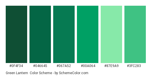 Green Lantern - Color scheme palette thumbnail - #0f4f34 #046645 #067a52 #00a064 #87e9a9 #3fc283 