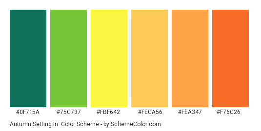 Autumn Setting In - Color scheme palette thumbnail - #0f715a #75c737 #fbf642 #feca56 #fea347 #f76c26 