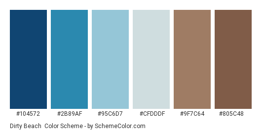 Dirty Beach - Color scheme palette thumbnail - #104572 #2b89af #95c6d7 #cfdddf #9f7c64 #805c48 