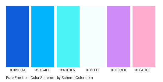 Pure Emotion - Color scheme palette thumbnail - #105dda #01b4fc #4cf3f6 #f6ffff #cf8bf8 #ffacce 