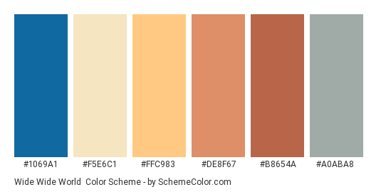 Wide Wide World - Color scheme palette thumbnail - #1069A1 #F5E6C1 #FFC983 #DE8F67 #B8654A #A0ABA8 