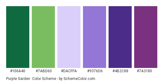 Purple Garden - Color scheme palette thumbnail - #106A40 #7ABD60 #DACFFA #9376D6 #4B2C88 #7A3180 