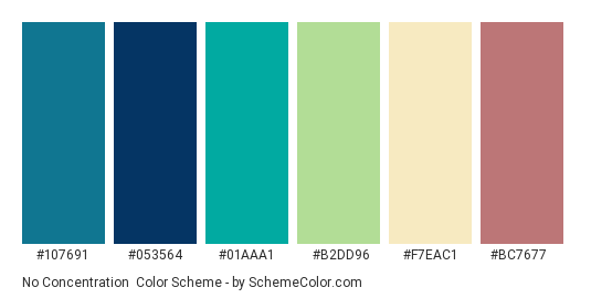 No Concentration - Color scheme palette thumbnail - #107691 #053564 #01aaa1 #b2dd96 #f7eac1 #bc7677 