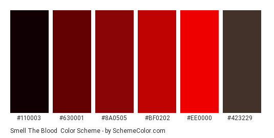 Smell the Blood - Color scheme palette thumbnail - #110003 #630001 #8a0505 #bf0202 #ee0000 #423229 