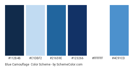 Blue Camouflage - Color scheme palette thumbnail - #112b4b #c1dbf2 #21659e #123266 #ffffff #4c91cd 