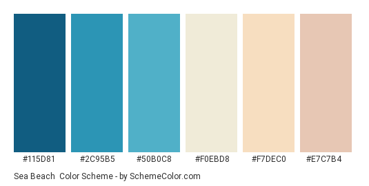 Sea Beach - Color scheme palette thumbnail - #115D81 #2C95B5 #50B0C8 #F0EBD8 #F7DEC0 #E7C7B4 