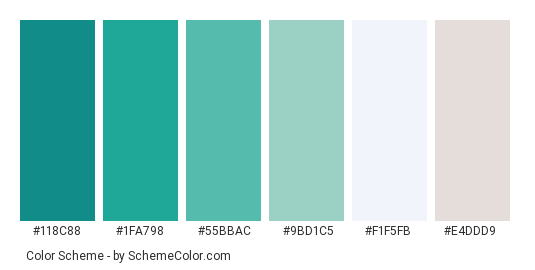 Blue-green Water - Color scheme palette thumbnail - #118c88 #1fa798 #55bbac #9bd1c5 #f1f5fb #e4ddd9 