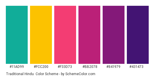 Traditional Hindu - Color scheme palette thumbnail - #11AD99 #FCC200 #F33D73 #BB2078 #841979 #431473 