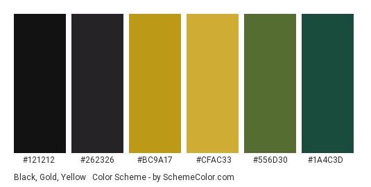 Black, Gold, Yellow & Green - Color scheme palette thumbnail - #121212 #262326 #bc9a17 #cfac33 #556d30 #1a4c3d 