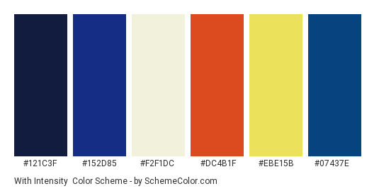 With Intensity - Color scheme palette thumbnail - #121c3f #152d85 #f2f1dc #dc4b1f #ebe15b #07437e 