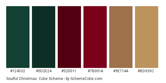 Soulful Christmas - Color scheme palette thumbnail - #124032 #0D2E24 #520011 #7B001A #9E714A #BD935C 