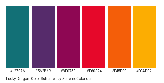 Lucky Dragon - Color scheme palette thumbnail - #127076 #562b6b #8e0753 #e6082a #f45e09 #fcad02 