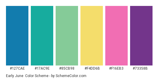 Early June - Color scheme palette thumbnail - #127cae #17ac9e #85cb98 #f4dd6b #f16eb3 #73358b 