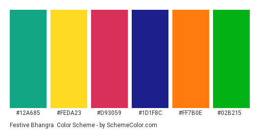 Festive Bhangra - Color scheme palette thumbnail - #12A685 #feda23 #D93059 #1D1F8C #ff7b0e #02b215 