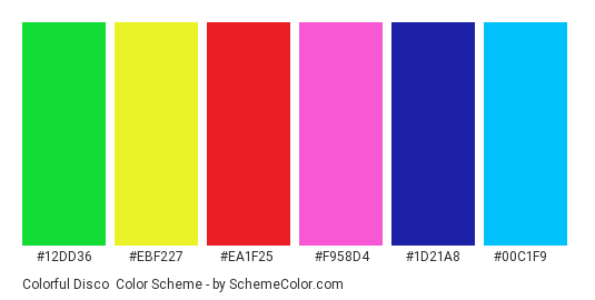 Colorful Disco - Color scheme palette thumbnail - #12dd36 #ebf227 #ea1f25 #f958d4 #1d21a8 #00c1f9 