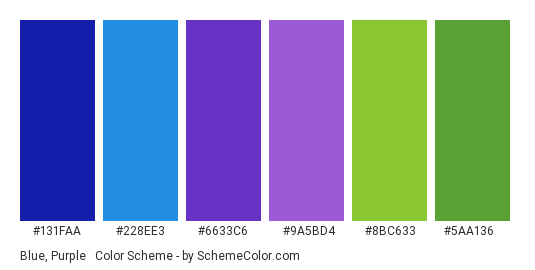 Blue, Purple & Green - Color scheme palette thumbnail - #131FAA #228EE3 #6633C6 #9A5BD4 #8BC633 #5AA136 