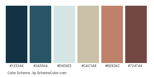 Retro Chrome - Color scheme palette thumbnail - #133344 #2a5566 #d6e6e5 #cac1a8 #be826c #724744 