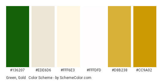 Green, Gold & White - Color scheme palette thumbnail - #136207 #ede6d6 #fff6e3 #fffdfd #d8b238 #cc9a02 