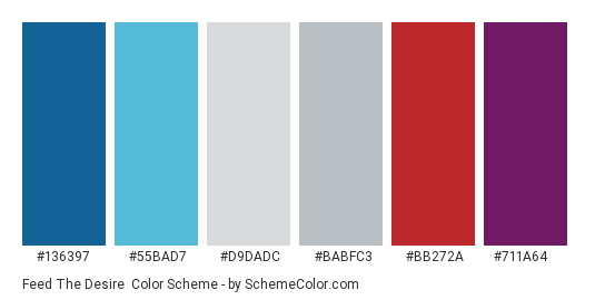 Feed the Desire - Color scheme palette thumbnail - #136397 #55bad7 #d9dadc #babfc3 #bb272a #711a64 