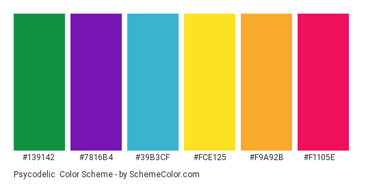 Psycodelic - Color scheme palette thumbnail - #139142 #7816B4 #39B3CF #FCE125 #F9A92B #F1105E 