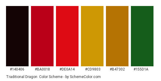 Traditional Dragon - Color scheme palette thumbnail - #140406 #ba0018 #de0a14 #cd9803 #b47302 #155d1a 