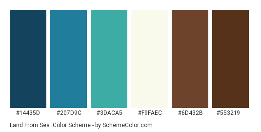 Land from Sea - Color scheme palette thumbnail - #14435D #207D9C #3daca5 #F9FAEC #6D432B #553219 