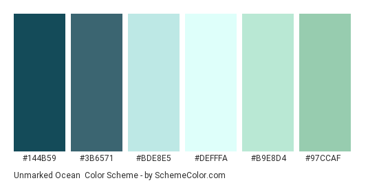 Unmarked Ocean - Color scheme palette thumbnail - #144B59 #3B6571 #BDE8E5 #DEFFFA #B9E8D4 #97CCAF 