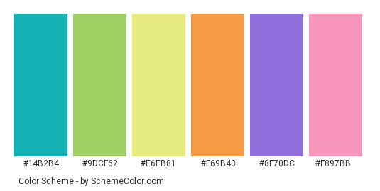Color Diversity - Color scheme palette thumbnail - #14B2B4 #9DCF62 #E6EB81 #F69B43 #8F70DC #F897BB 