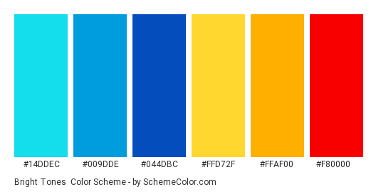 Bright Tones - Color scheme palette thumbnail - #14DDEC #009DDE #044DBC #FFD72F #FFAF00 #F80000 