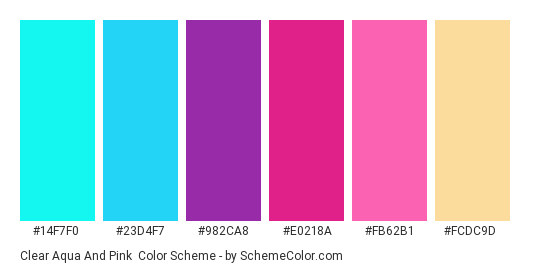 Clear Aqua and Pink - Color scheme palette thumbnail - #14F7F0 #23D4F7 #982CA8 #E0218A #FB62B1 #FCDC9D 