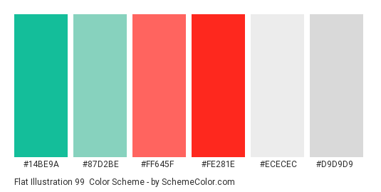 Flat Illustration 99 - Color scheme palette thumbnail - #14be9a #87d2be #ff645f #fe281e #ececec #d9d9d9 