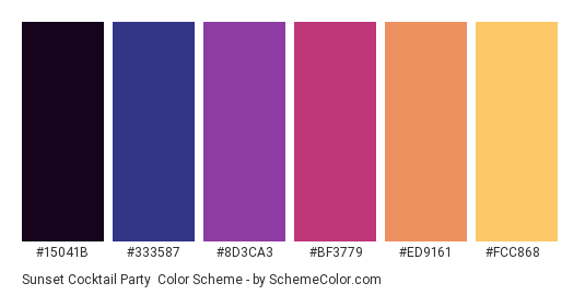 Sunset Cocktail Party - Color scheme palette thumbnail - #15041B #333587 #8D3CA3 #BF3779 #ED9161 #FCC868 