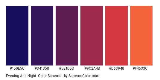Evening and Night - Color scheme palette thumbnail - #150E5C #341358 #5E1D53 #9C2A4B #D63940 #F4633C 