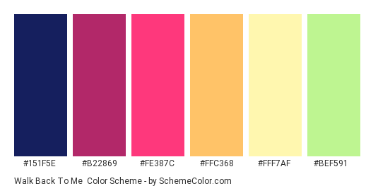 Walk Back to Me - Color scheme palette thumbnail - #151F5E #B22869 #FE387C #FFC368 #FFF7AF #BEF591 
