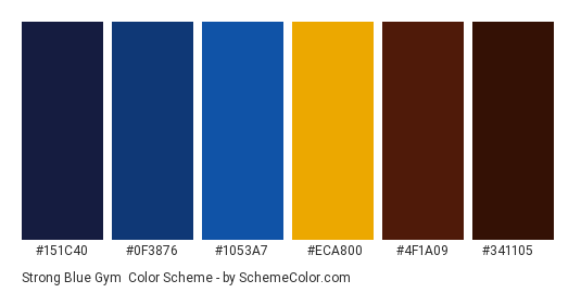 Strong Blue Gym - Color scheme palette thumbnail - #151c40 #0f3876 #1053a7 #eca800 #4f1a09 #341105 