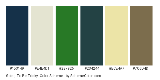 Going to be Tricky - Color scheme palette thumbnail - #153149 #e4e4d1 #287926 #234244 #ece4a7 #7c6d4d 
