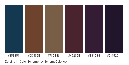 Zeroing In - Color scheme palette thumbnail - #153851 #6d432e #785e46 #49232e #331c34 #21152c 