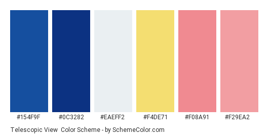 Telescopic View - Color scheme palette thumbnail - #154f9f #0c3282 #eaeff2 #f4de71 #f08a91 #f29ea2 