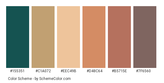 Existence - Color scheme palette thumbnail - #155351 #C1A072 #EEC49B #D48C64 #B5715E #7F6560 