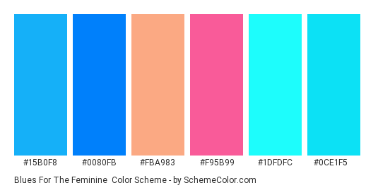 Blues for the Feminine - Color scheme palette thumbnail - #15b0f8 #0080fb #fba983 #f95b99 #1dfdfc #0ce1f5 