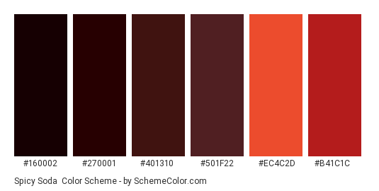 Spicy Soda - Color scheme palette thumbnail - #160002 #270001 #401310 #501f22 #ec4c2d #b41c1c 